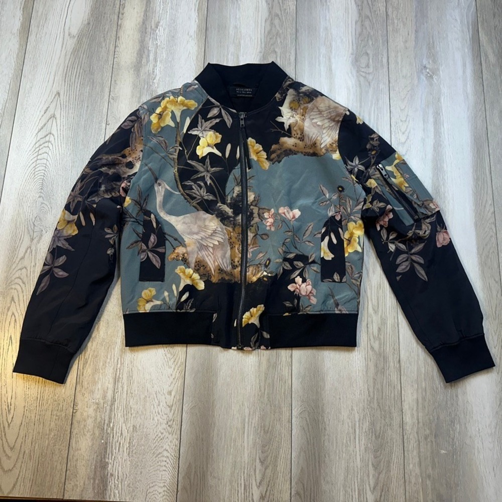 ALL SAINTS Bomber Jacket Womens Size 8 Blue Black Floral Heron Bird Harlow Silk